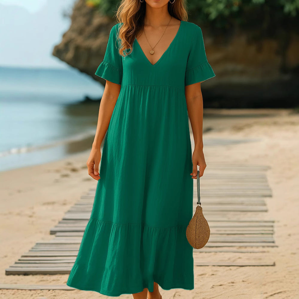 Chic V-Neck Solid-Color Dress with Multicolor Stitching Accents