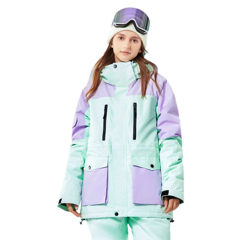 Color Block Ski Jacket Waterproof Breathable Warm For Winter Sports