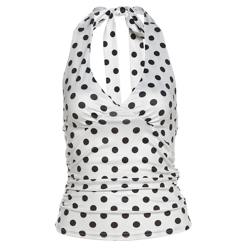 Sexy Black Polka-Dot Printed All-Match Backless V-Neck Halter Neck Bodycon Tank Top