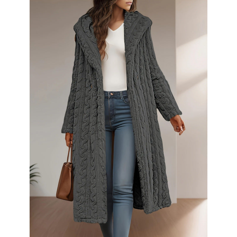 Fashion Long Solid Color Long Sleeve Hooded Wool Women's Coat