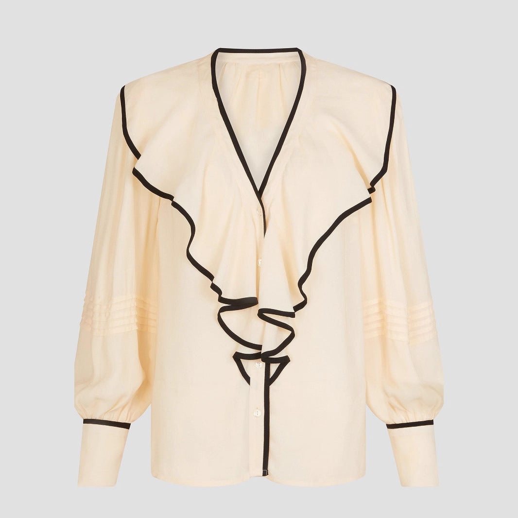 New Women's V-neck Retro Loose-fit Contrast-color Pleated Blouse