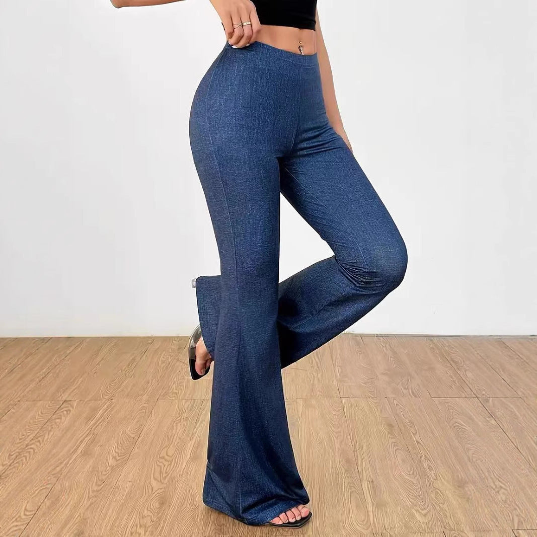 Pantalones de mezclilla con fondo de campana impreso con ajuste de cintura alta