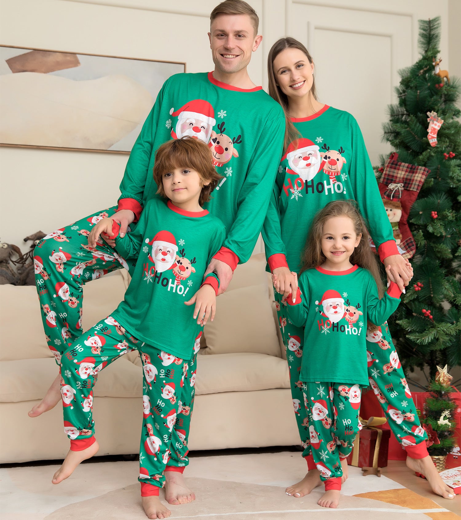 Ho ho ho groen en rood bijpassende familie Christmas Pyjama Set