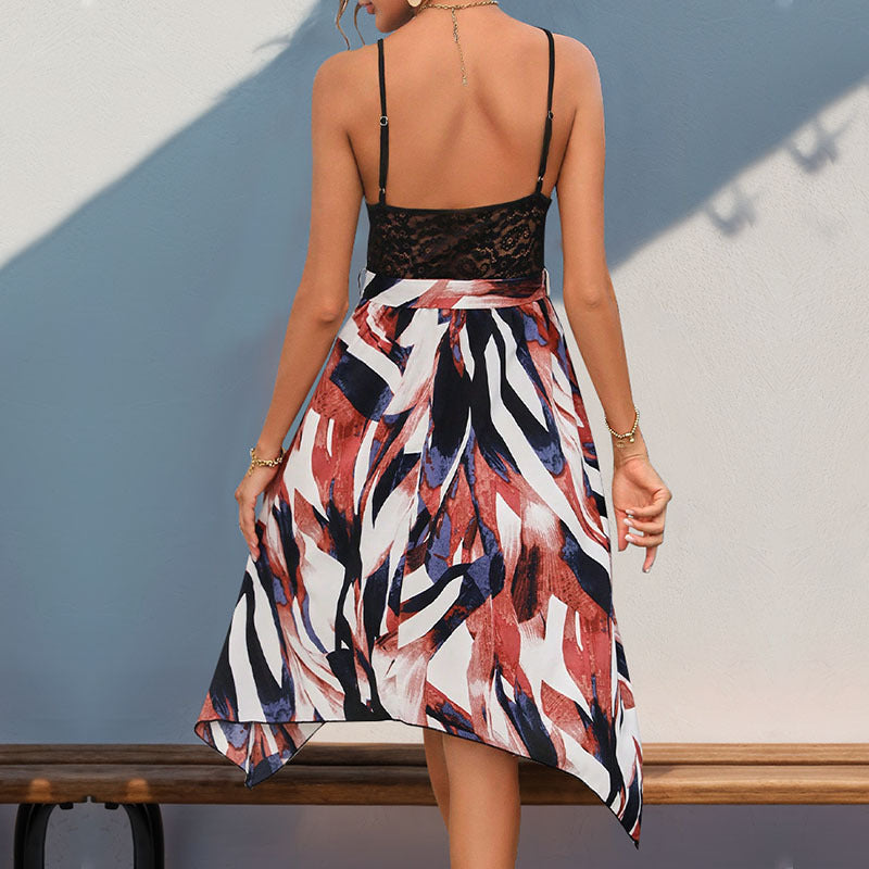 Vestido de cinta de pescoço em V de renda assimétrica com balança irregular