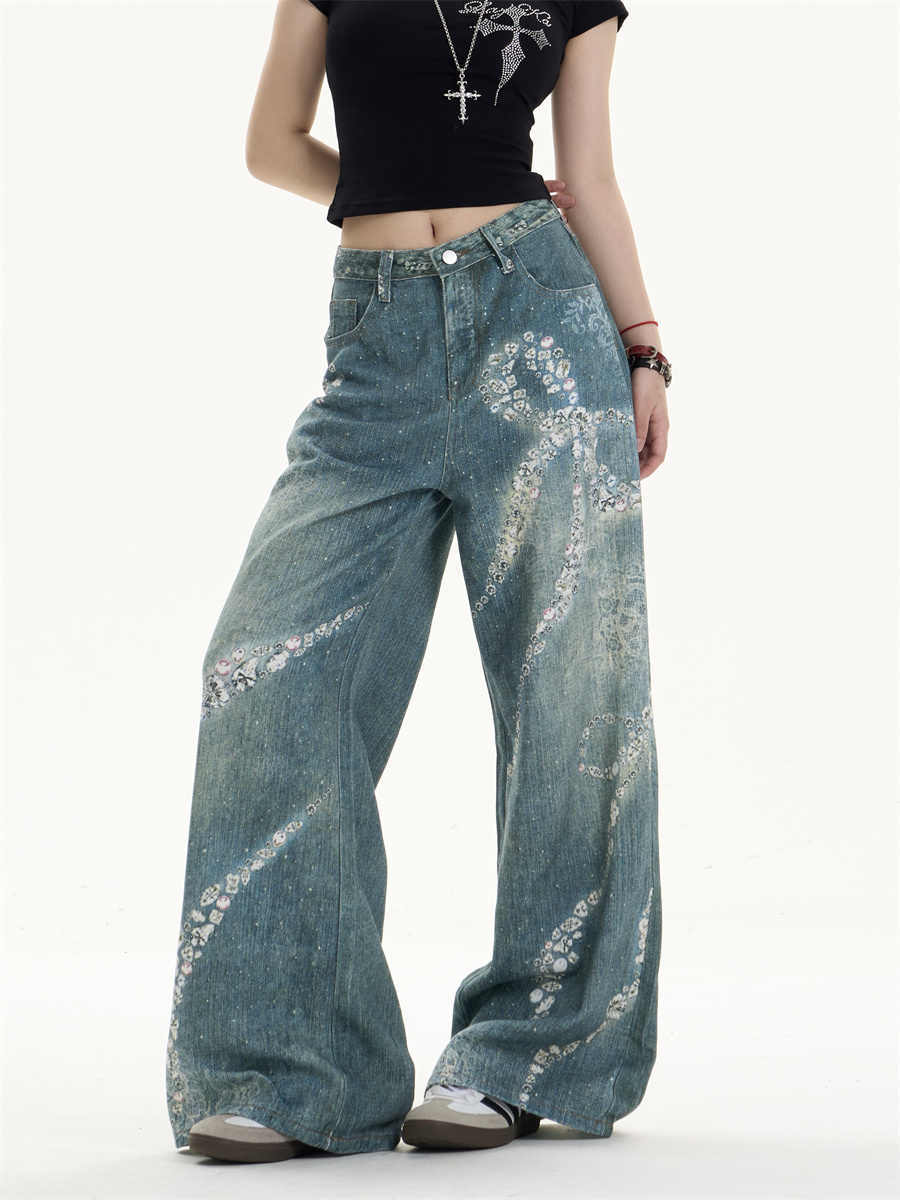Verspieltes Bowknot-Druck mit breitem Bein-Jeans mit femininer Wendung