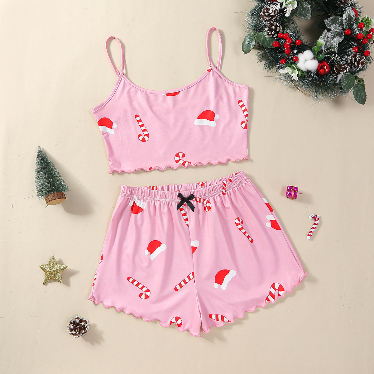 Women's Adorable Two Piece Christmas Pajama Crop Top and Shorts Set