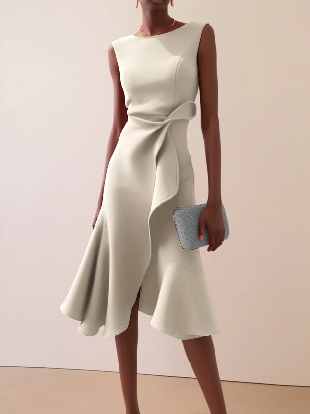Red Sleeveless Round-Neck Dress with Elegant Temperament