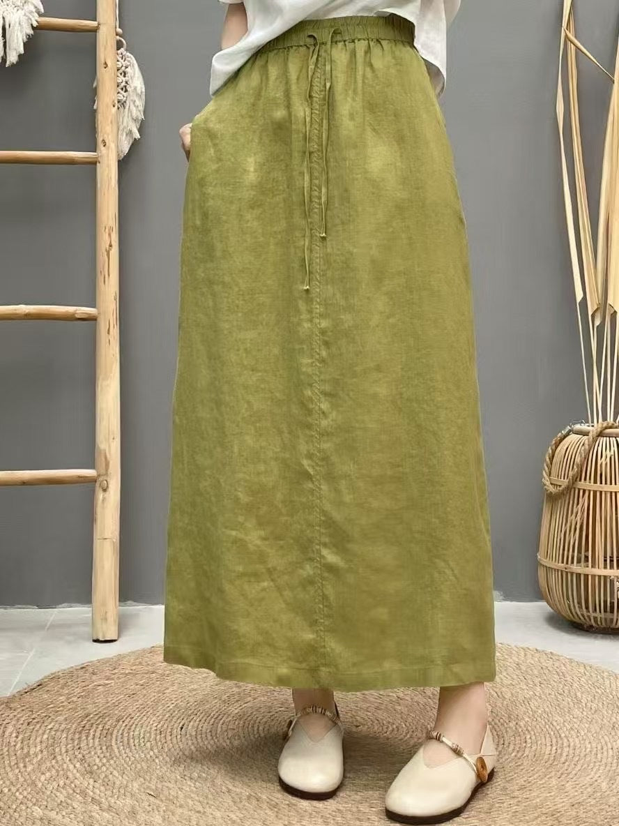 Lace Up Linen High Waist Skirt With Back Slit