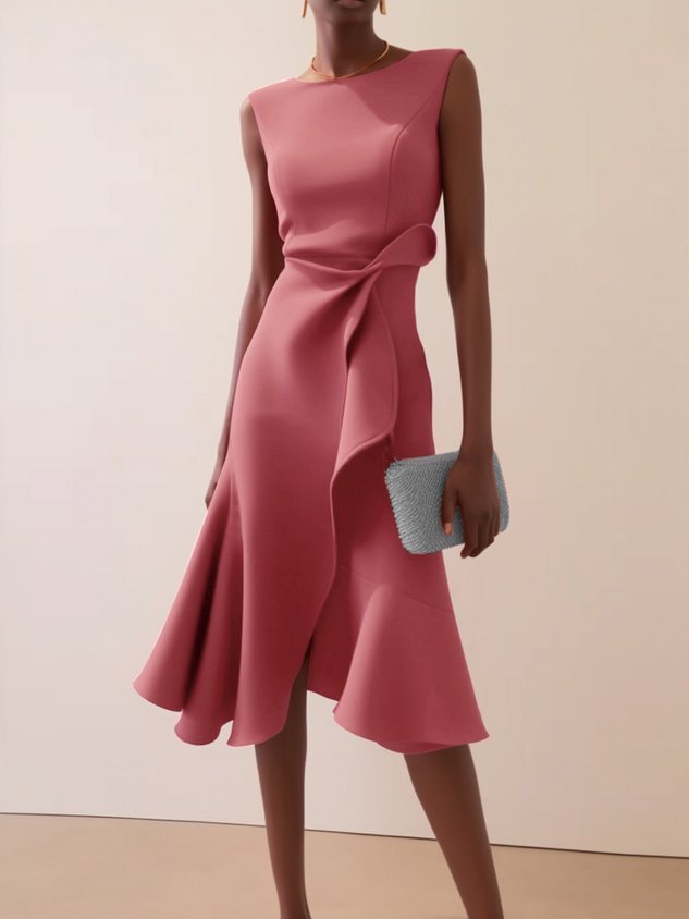 Red Sleeveless Round-Neck Dress with Elegant Temperament