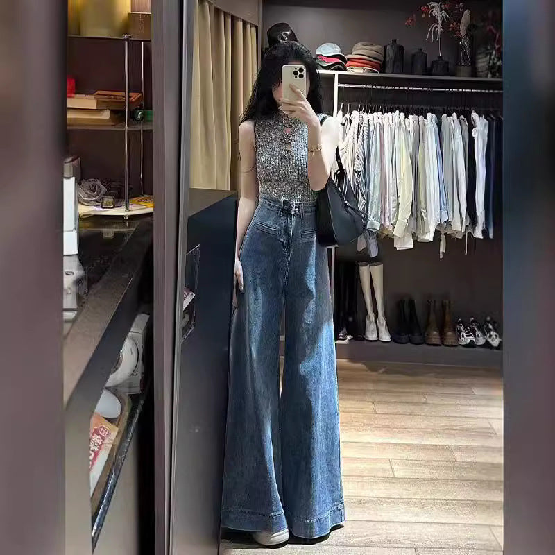 Retro Blue Floor-Length Wide-Leg Jeans with Drape