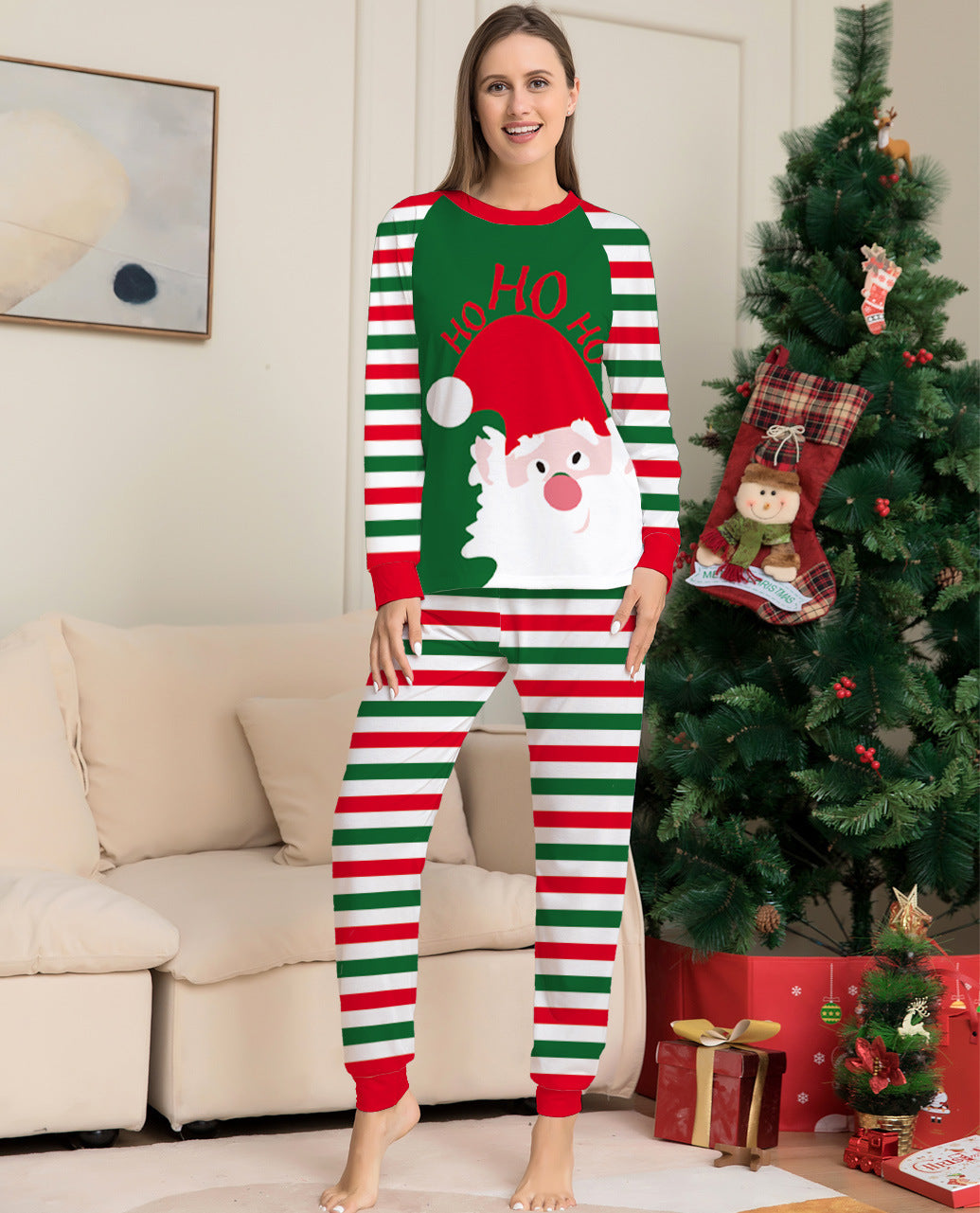 Red White and Green Striped Santa Claus Matching Family Christmas Set