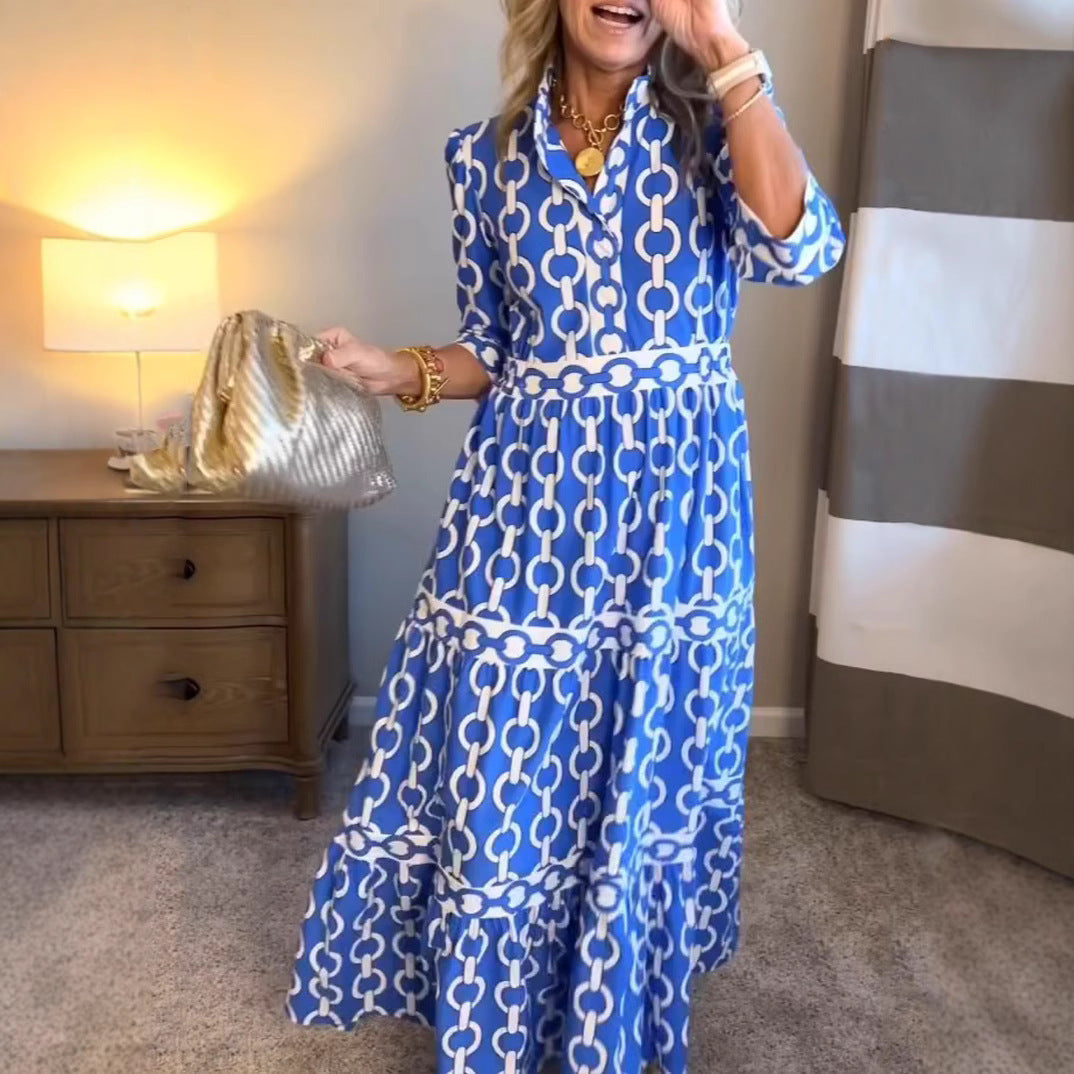 Vestido maxi de impressão geométrica com pescoço redondo para primavera e verão