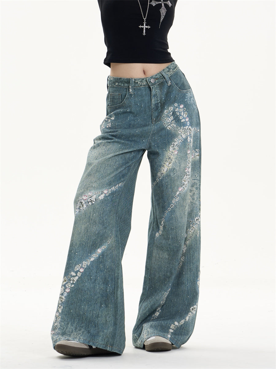 Verspieltes Bowknot-Druck mit breitem Bein-Jeans mit femininer Wendung