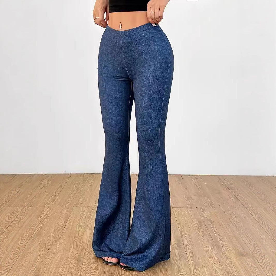 Pantalones de mezclilla con fondo de campana impreso con ajuste de cintura alta