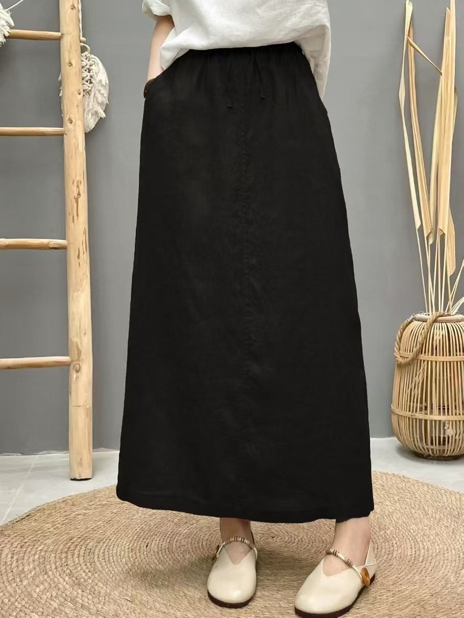 Lace Up Linen High Waist Skirt With Back Slit