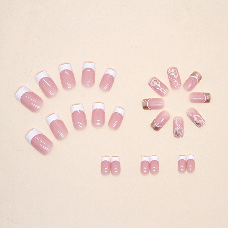 Women's French Tip Square Shaped Short Nail Set with Hearts and Glitter