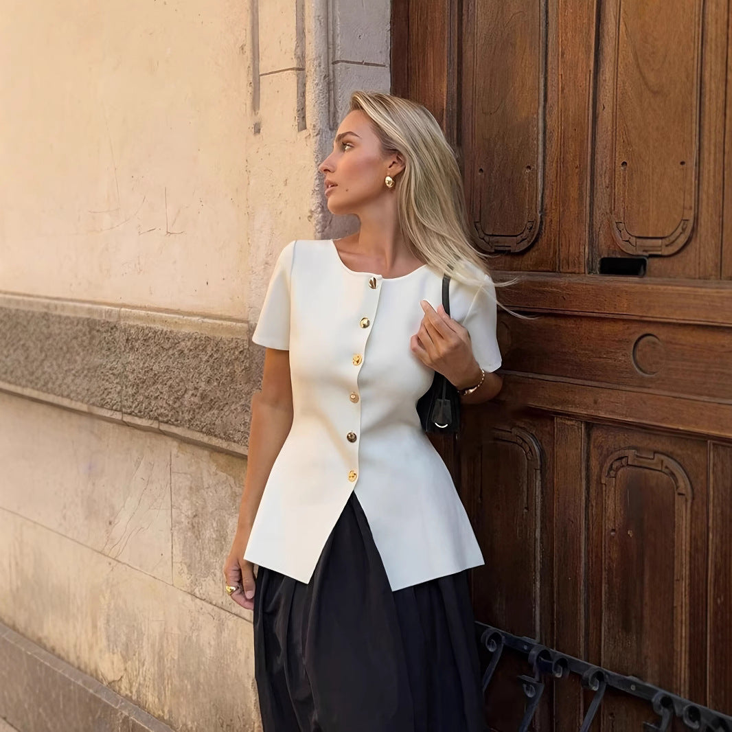 Women's Round Neck Metal Button Design Solid Color Short Sleeve