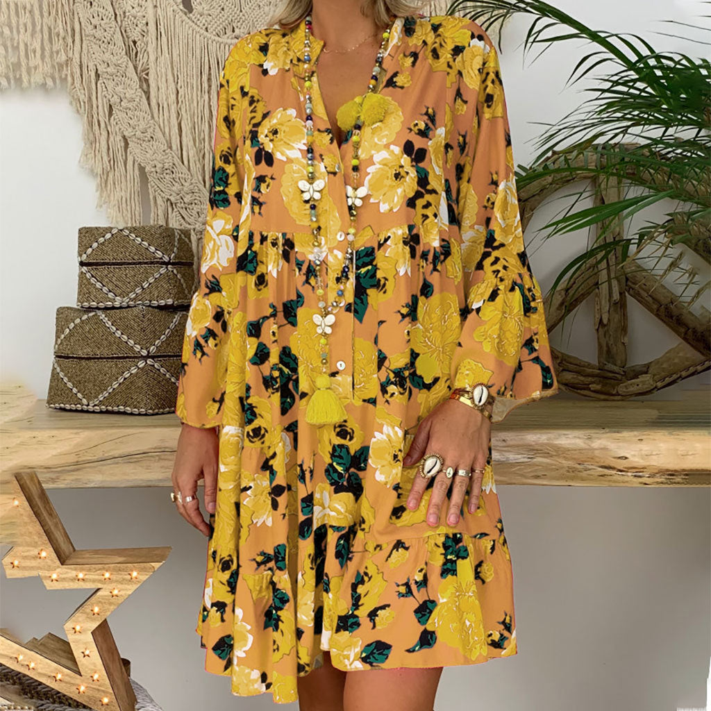 Long Sleeve Loose Fitting V-Neck Floral Dress