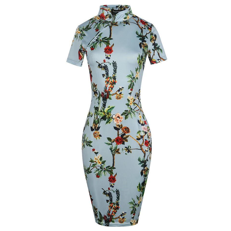 Cheongsam-Kleid mit Stehkragen und Blumenmuster