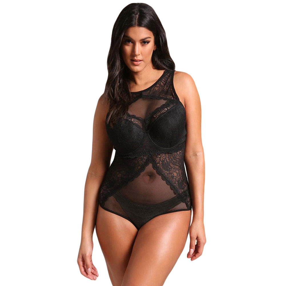 Plus Size Mesh & Lace Teddy Romper