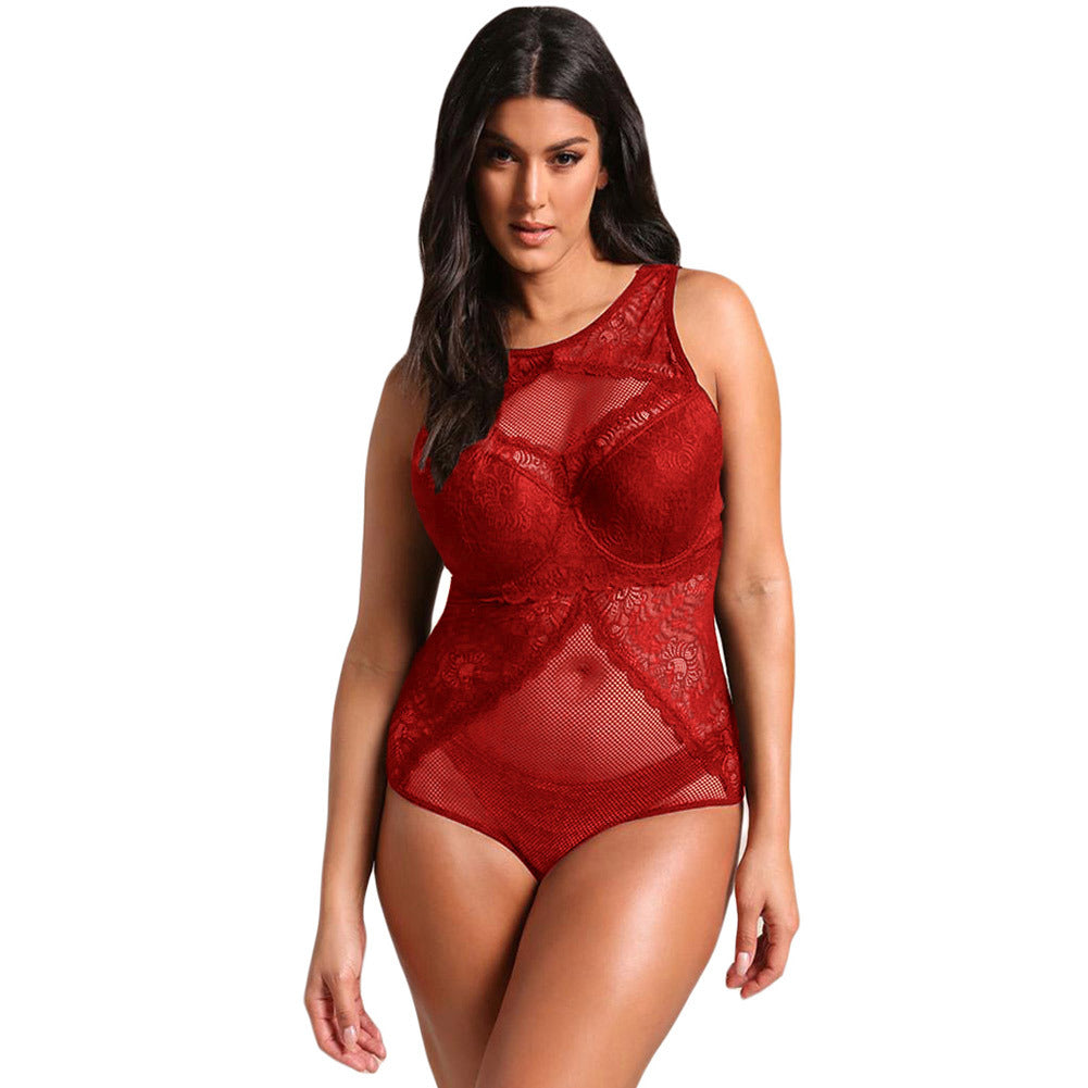 Plus size mesh & kanten teddy romper