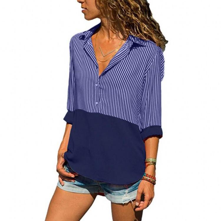 Stripe Blocked Collared Button-Front Blouse