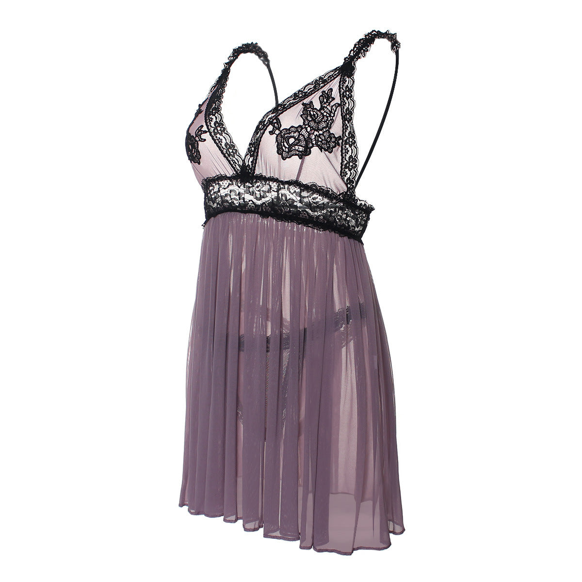 Pleated Lace Applique Babydoll Set