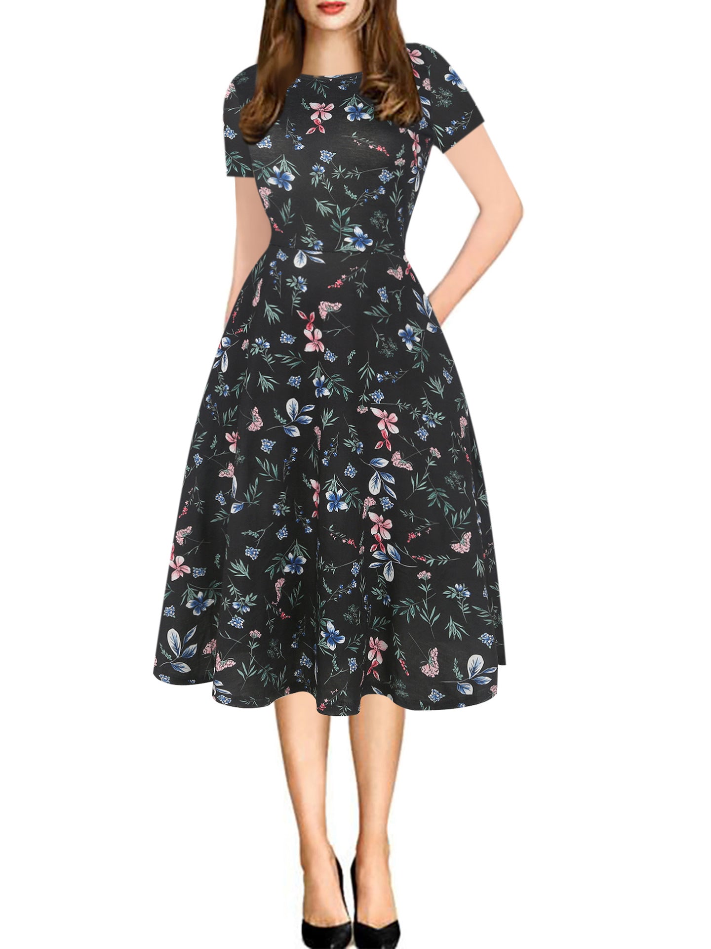 Print Short-Sleeve A-Line Midi Dress