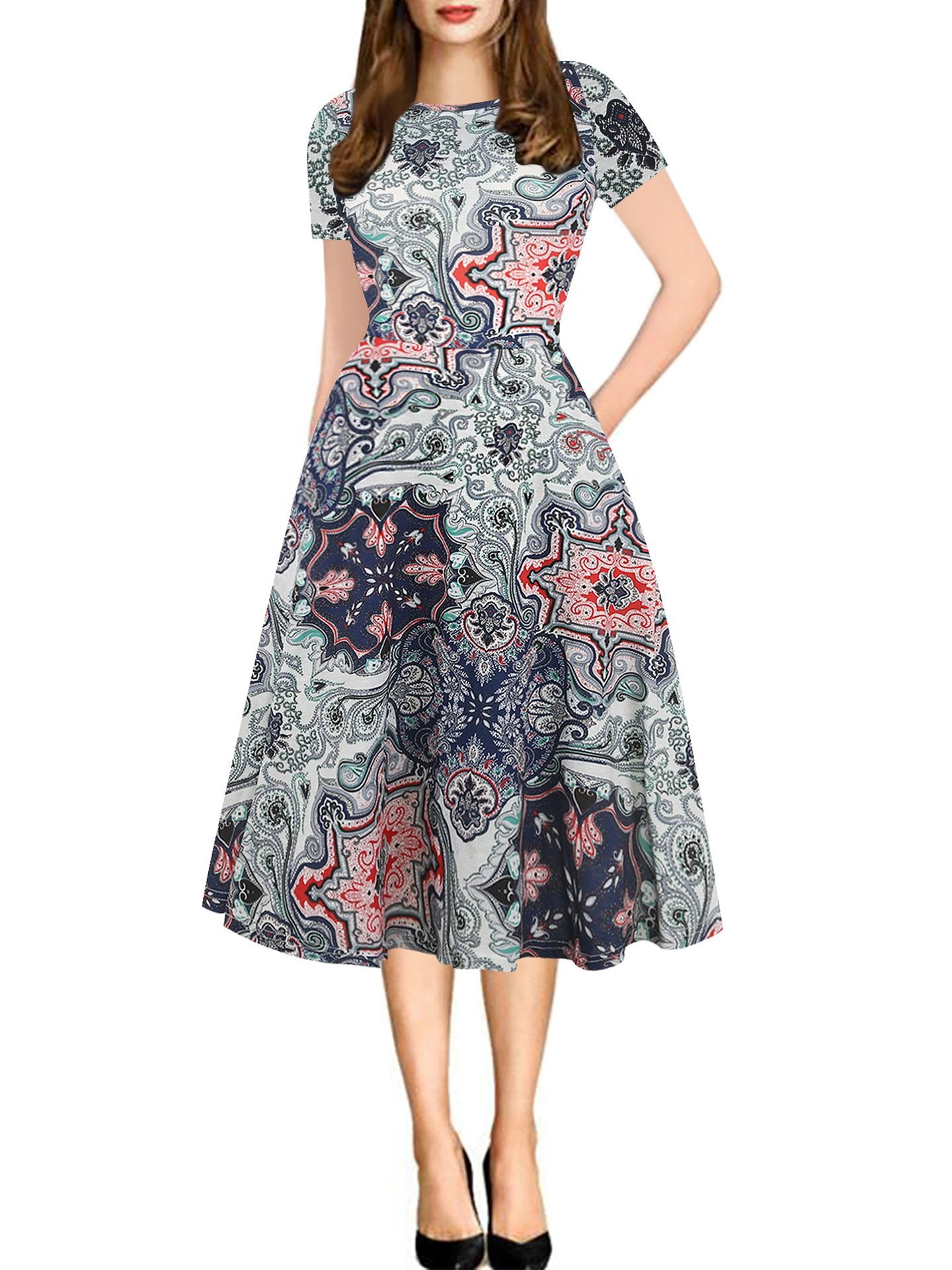 Print Short-Sleeve A-Line Midi Dress