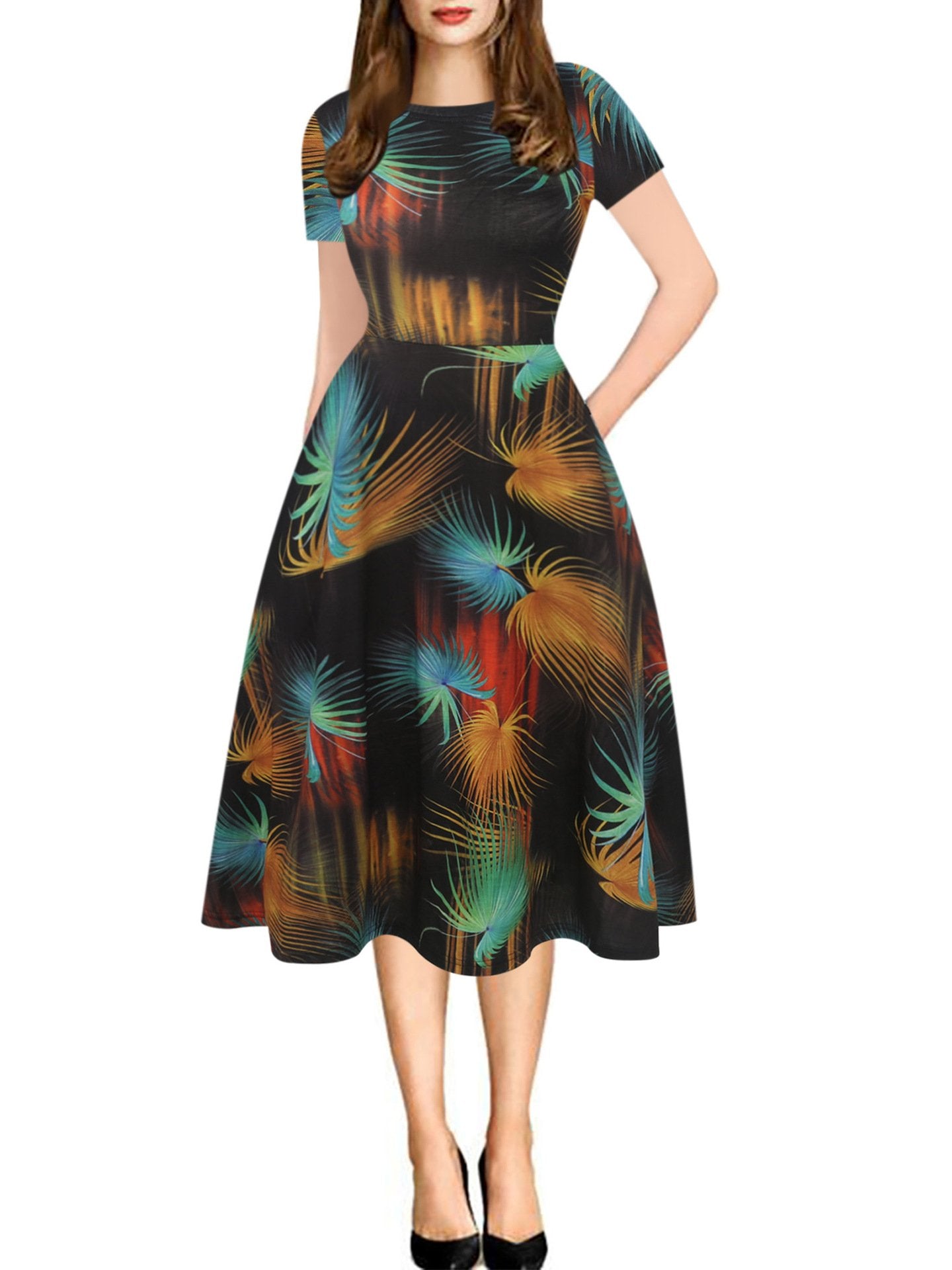 Print Short-Sleeve A-Line Midi Dress