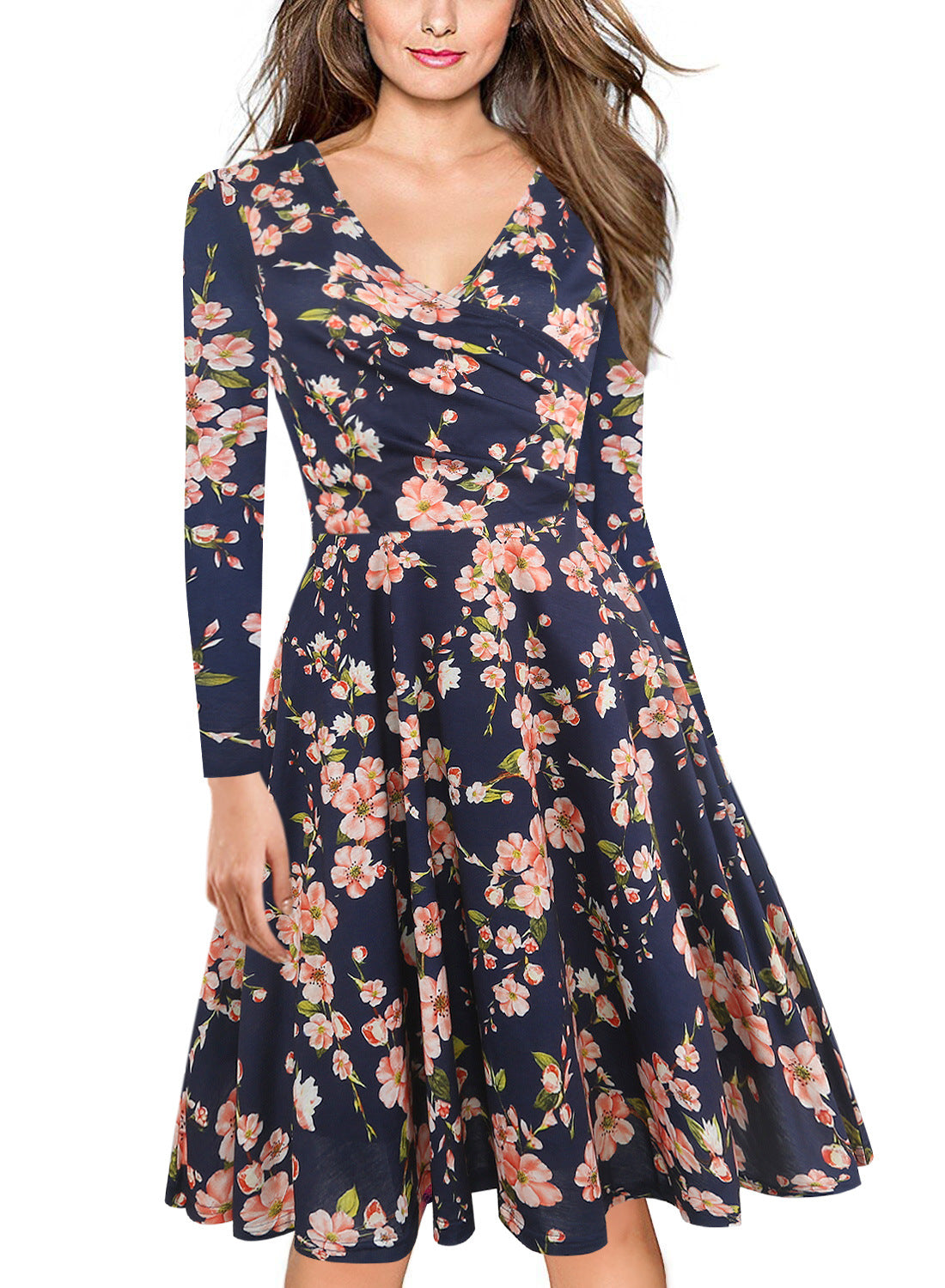 Long-Sleeve Surplice A-Line Dress