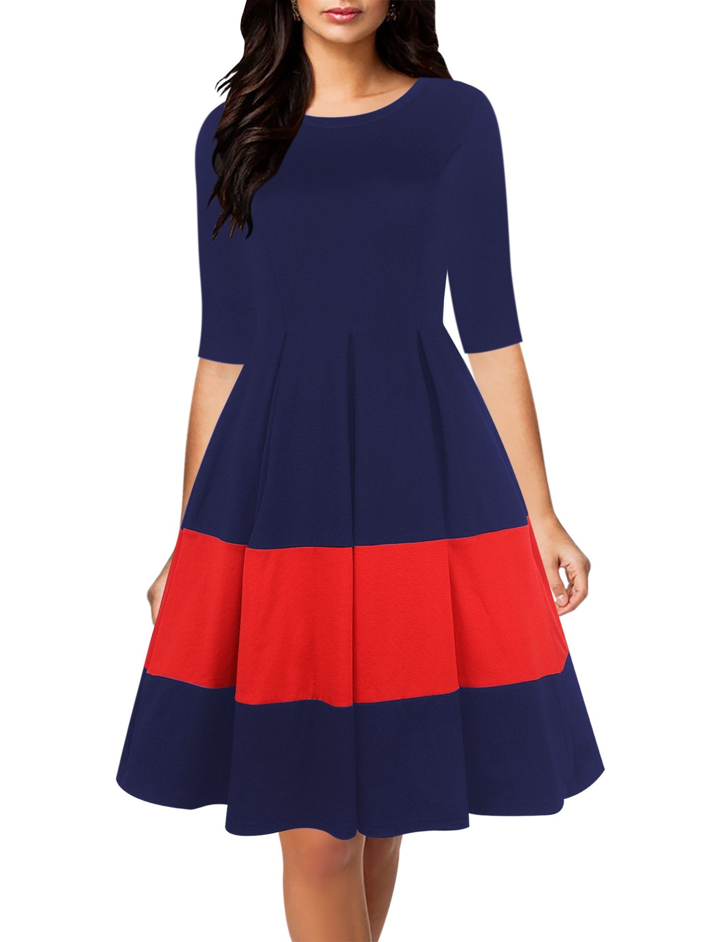 Pleated Skirt Three-Quarter Sleeve Dress