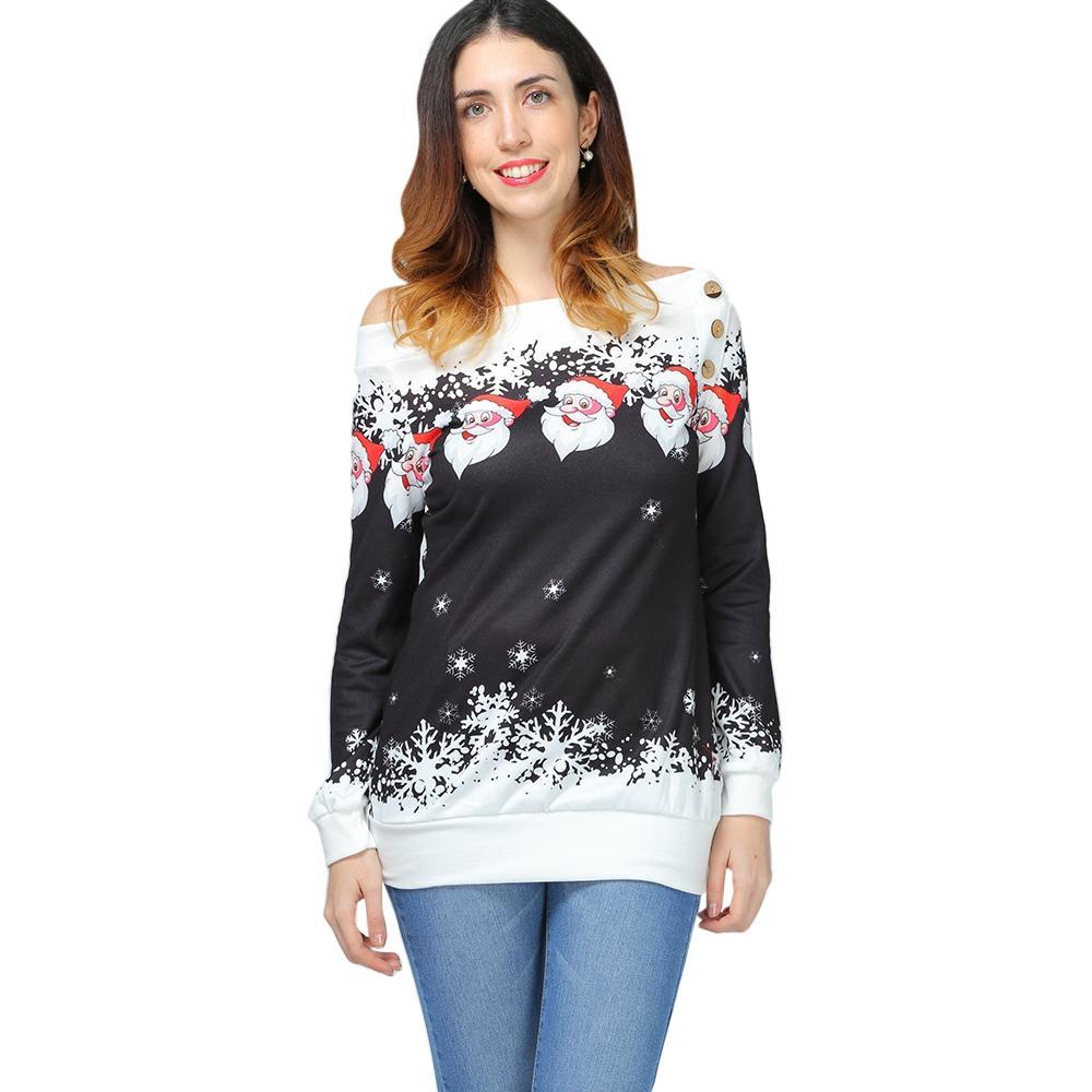 Sudadera con cuello sesgado y copos de nieve de Papá Noel