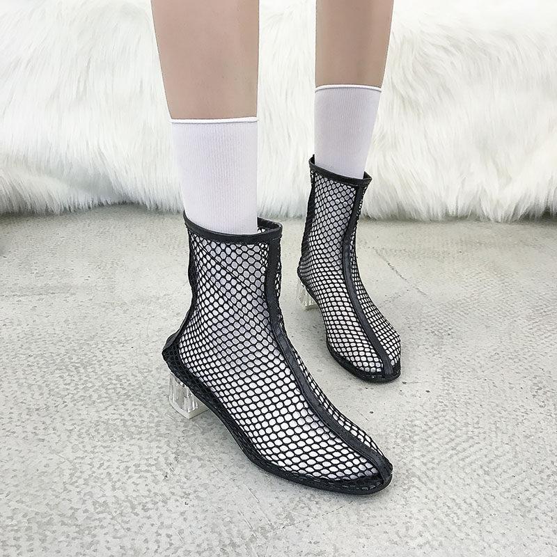 Clear Heel Fishnet Statement Booties - Theone Apparel