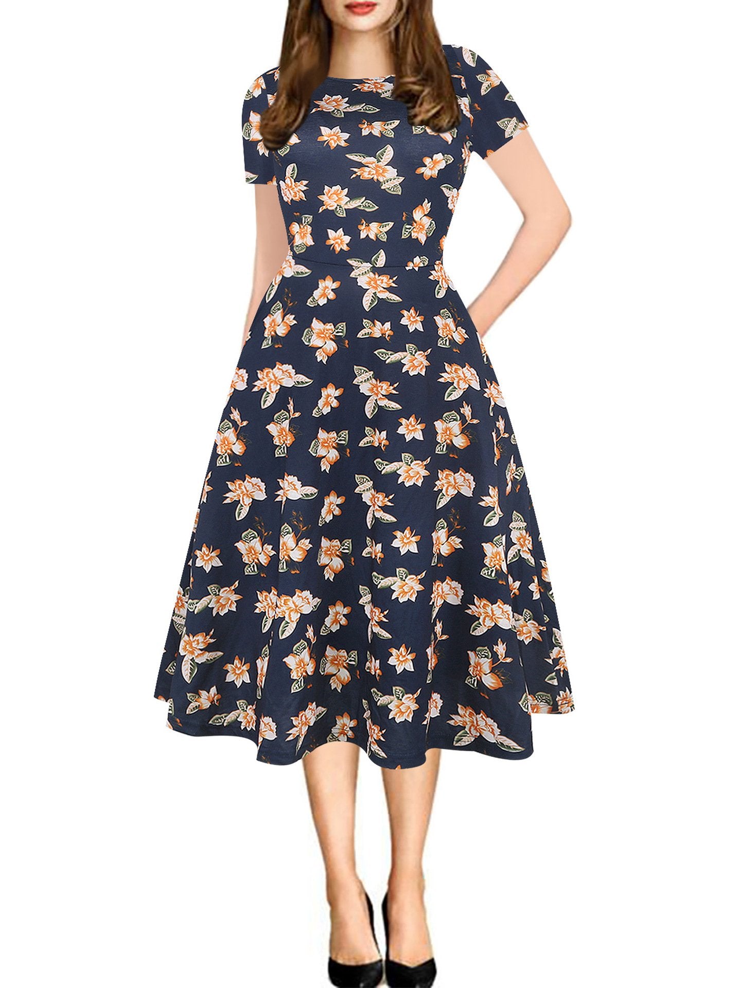 Print Short-Sleeve A-Line Midi Dress