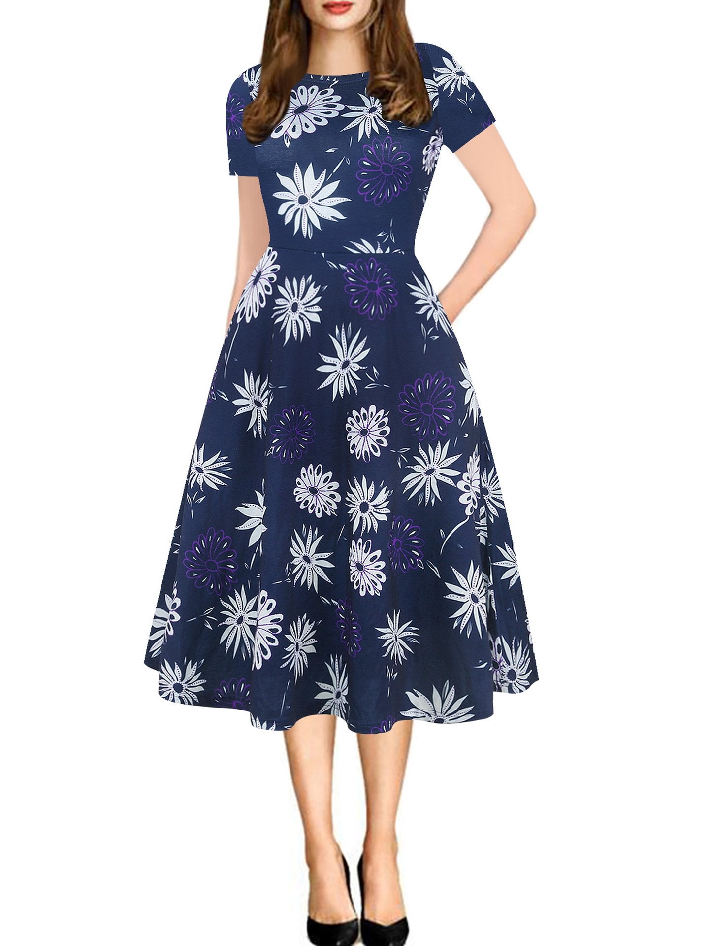 Print Short-Sleeve A-Line Midi Dress