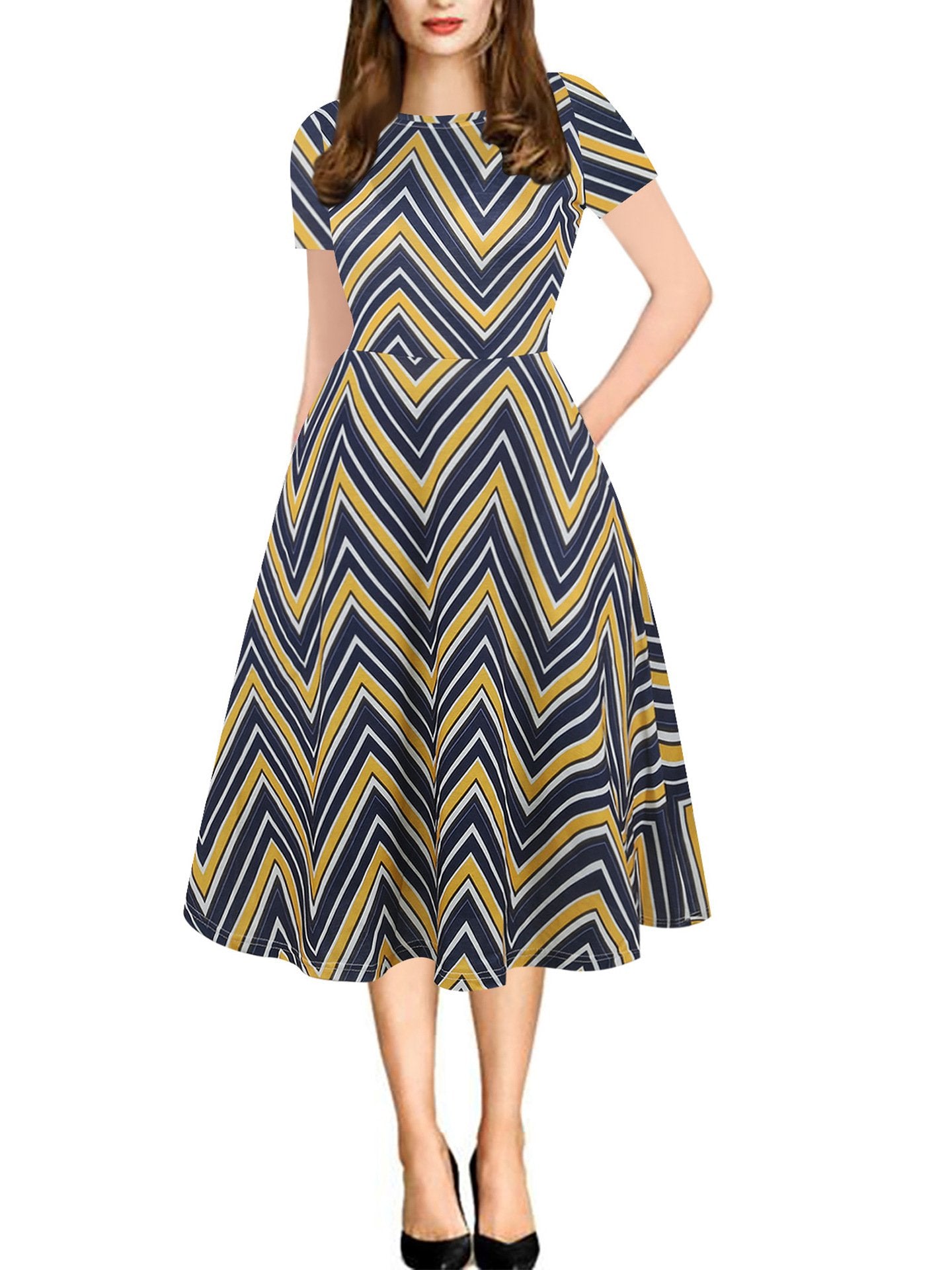 Print Short-Sleeve A-Line Midi Dress