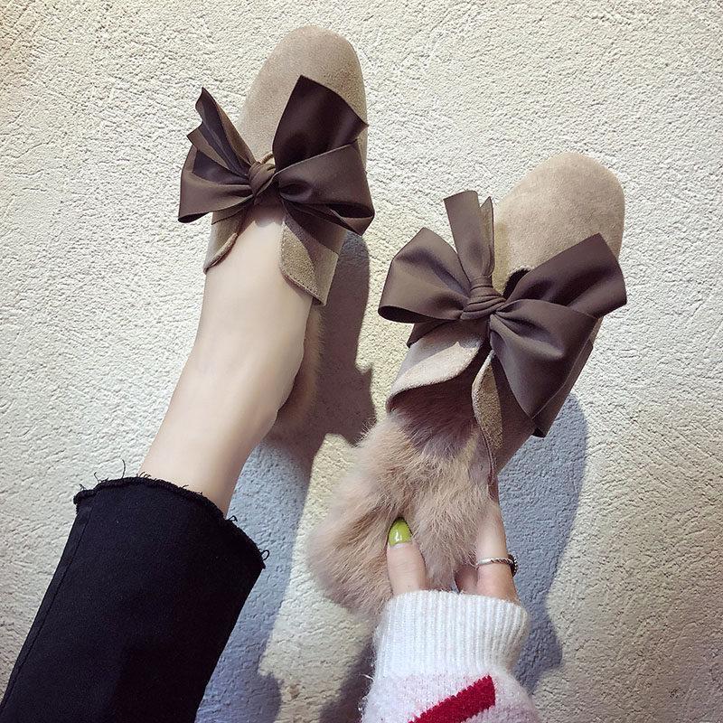 Fur Trim Floppy Bow Slippers - Theone Apparel