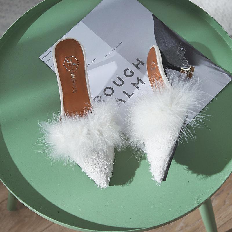 Fur Trim Pointed Toe Kitten Heels-White-Theone Apparel