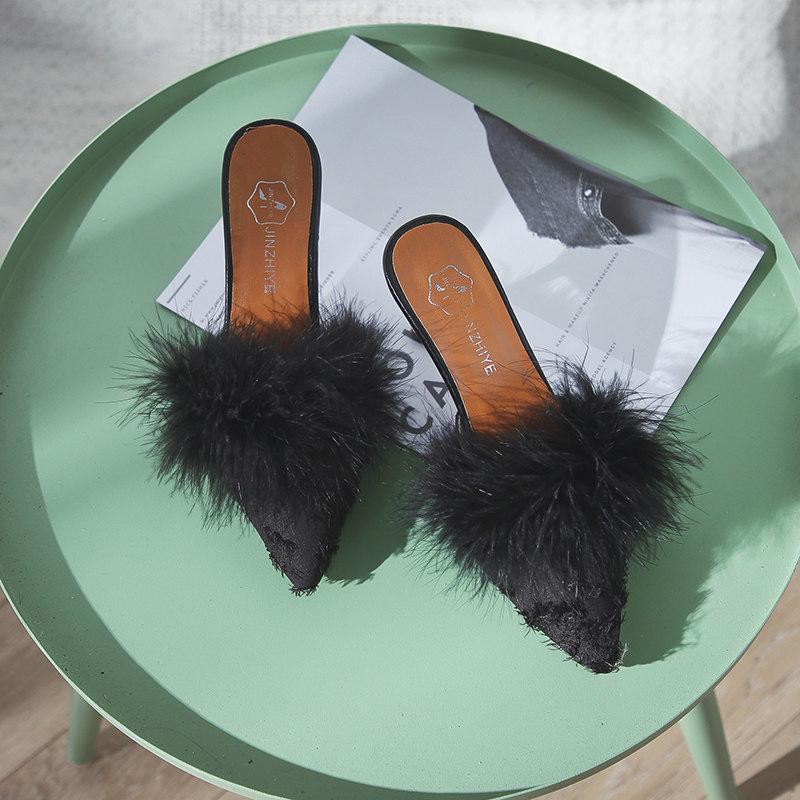 Fur Trim Pointed Toe Kitten Heels-Black-Theone Apparel