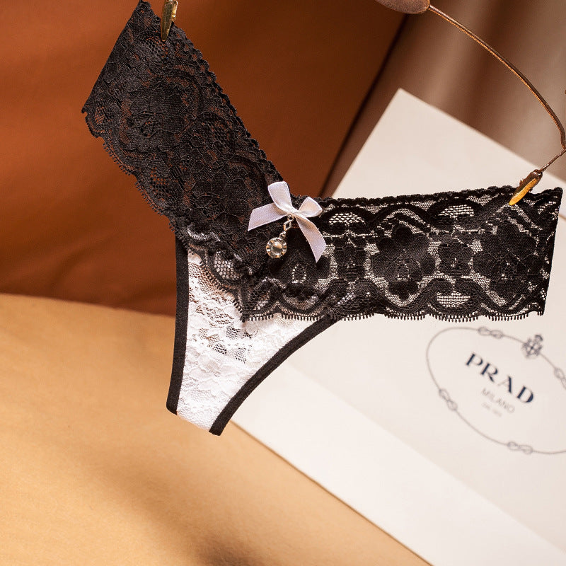 High Waist Lace and Bows Thong with Jewels-White-Theone Apparel