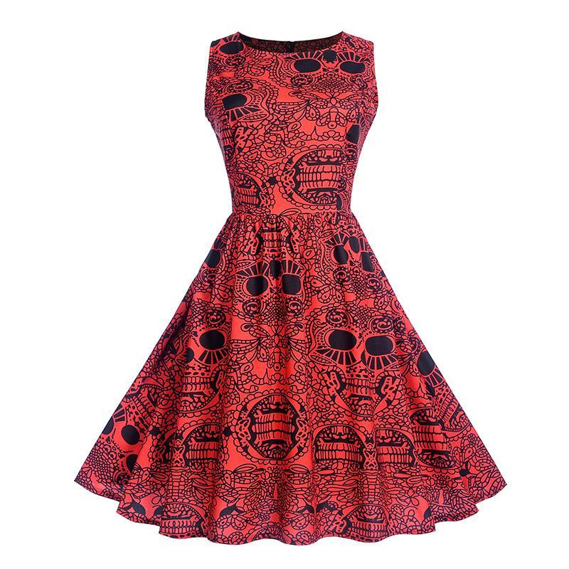 Holiday Print Pleated A Line Dress-Red-Theone Apparel