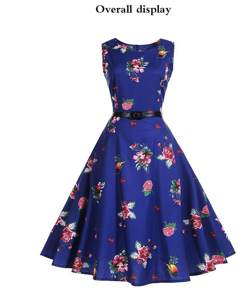 Hummingbird Floral Print A Line Dress-Dark Blue-Theone Apparel