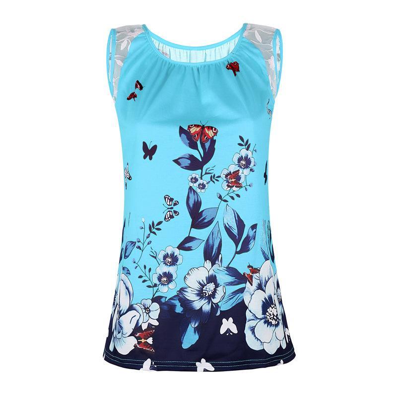 Lace Cutout Butterfly Print Top-Sky Blue-Theone Apparel