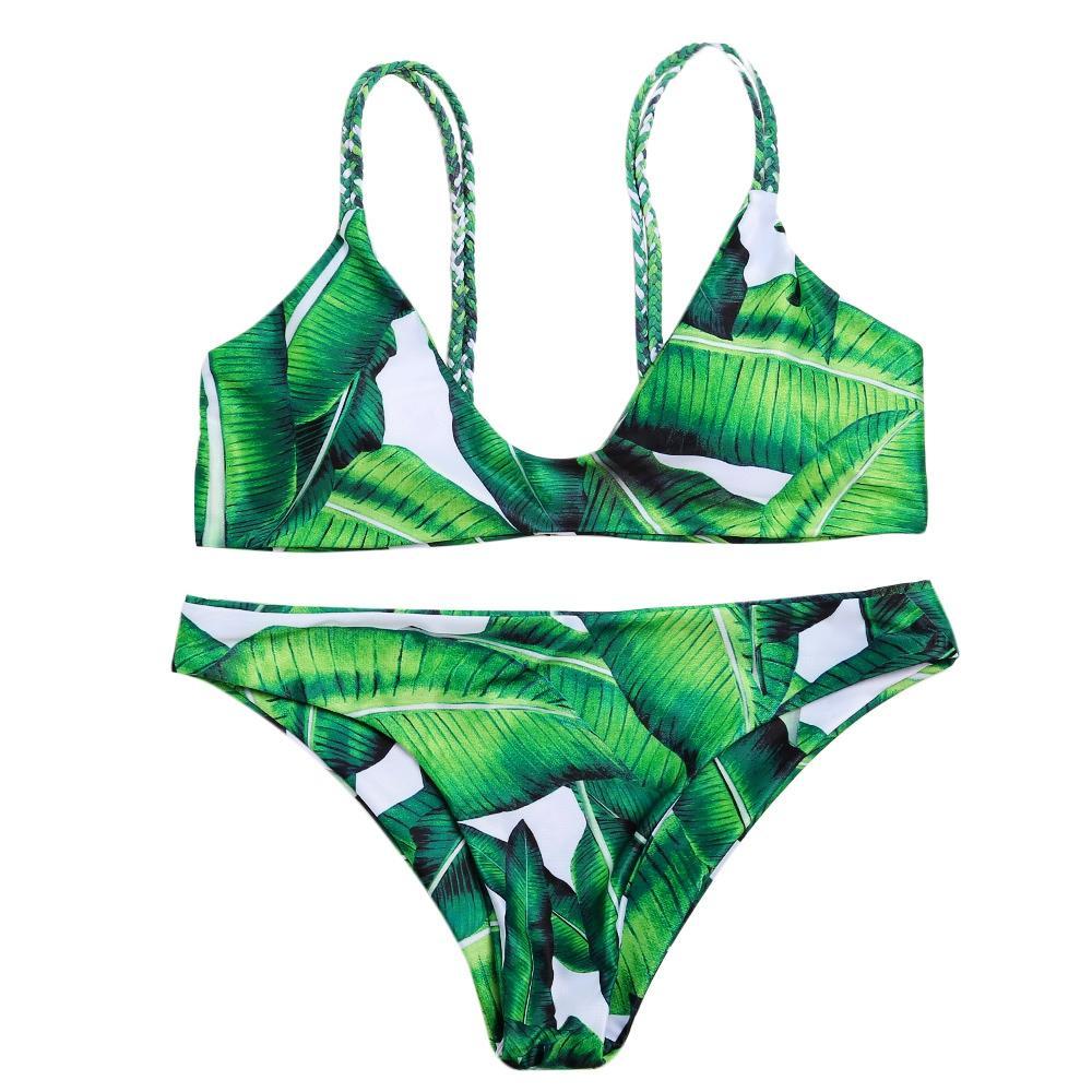 Leaf Print Spaghetti Strap Bikini-Dark Green-Theone Apparel