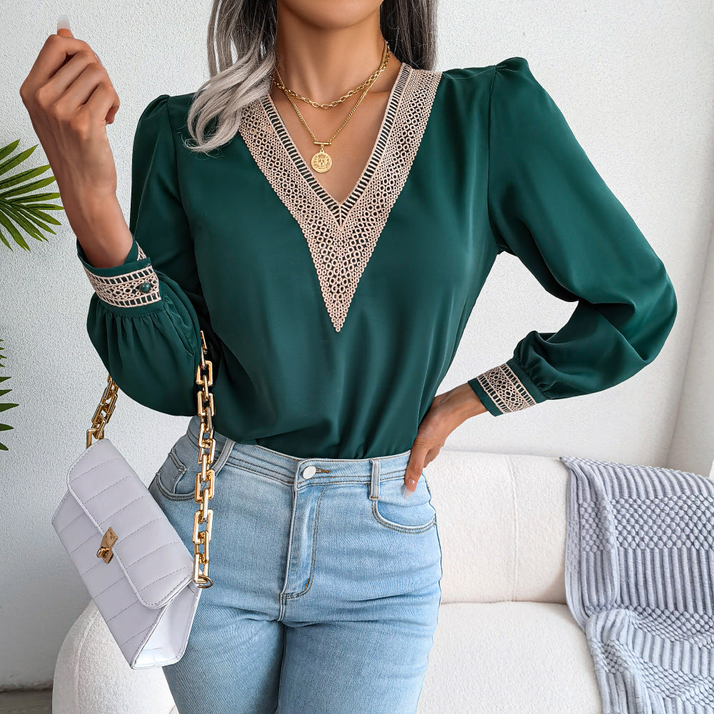 Blusa de mujer de punto con cuello en V y manga larga