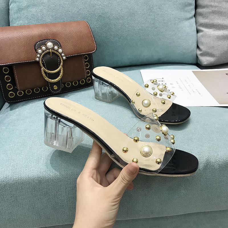 Pearl Stud Clear Heel Slippers-Black-Theone Apparel