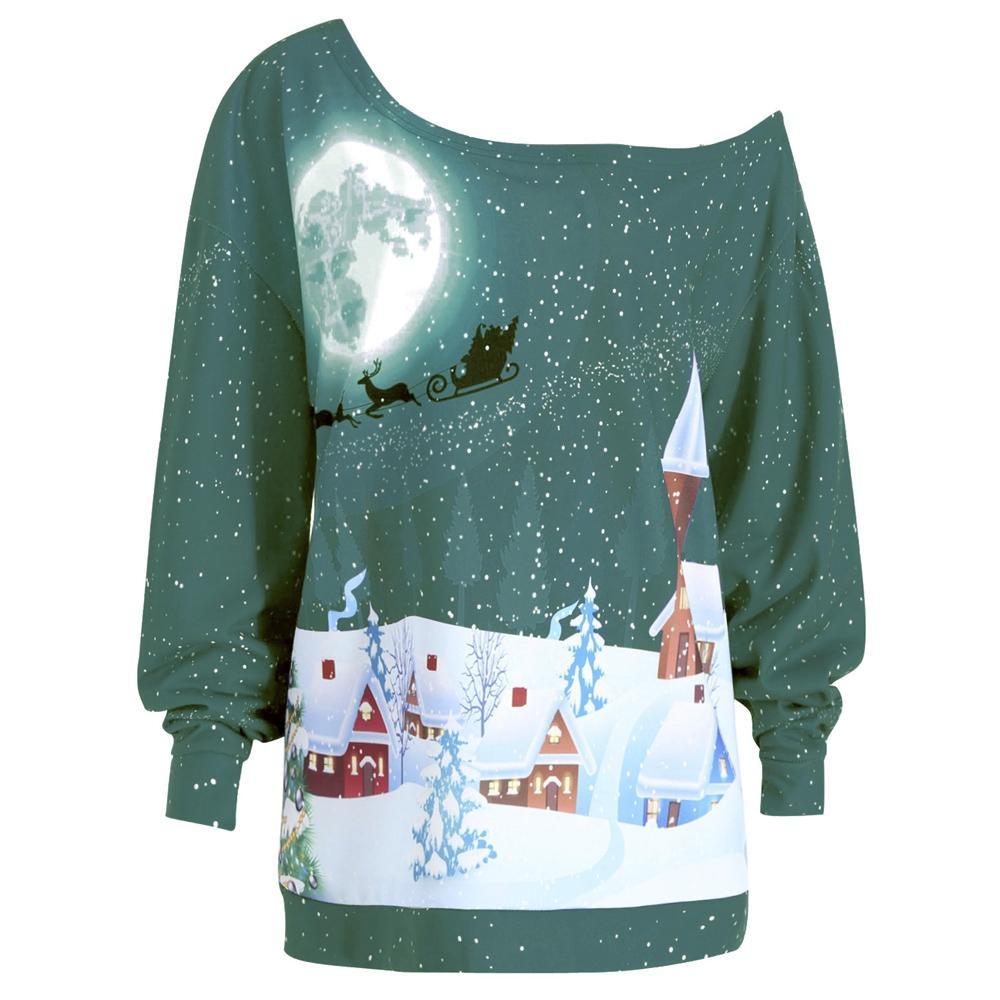 Plus Size Christmas Skew Neck Sweatshirt-Green-Theone Apparel