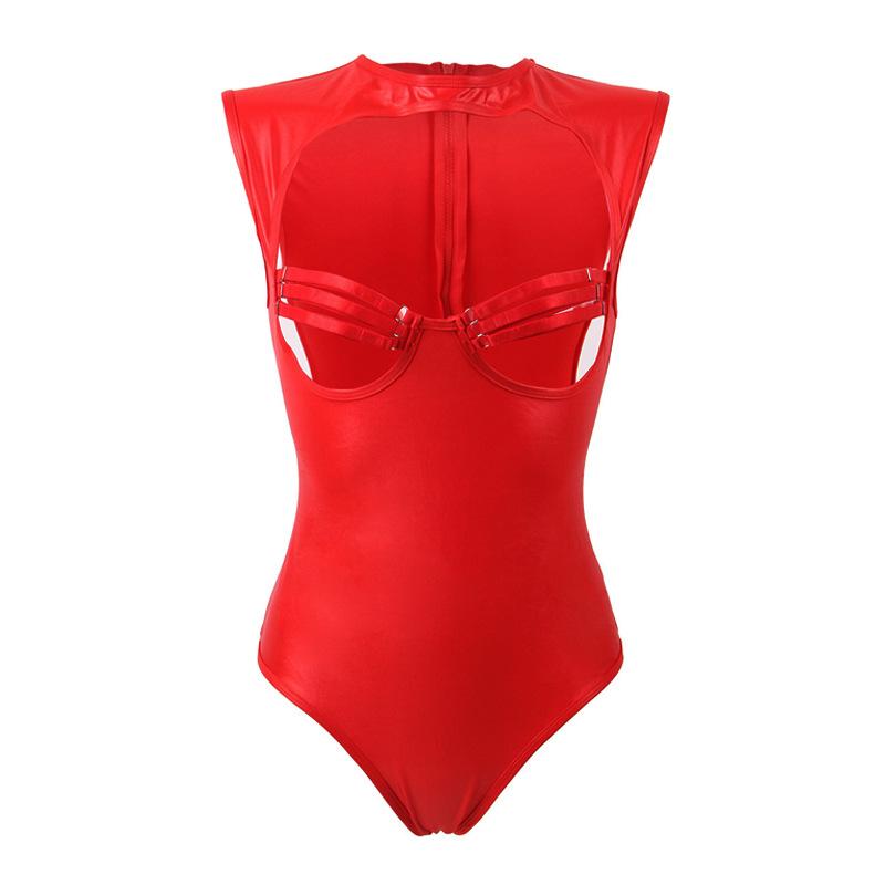 Plus Size Cutout Bodice Collared Teddy-Red-Theone Apparel