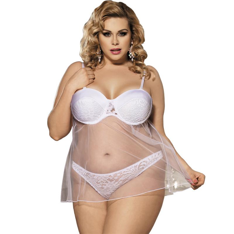 Plus Size See-Through Lace Panty Set-White-Theone Apparel